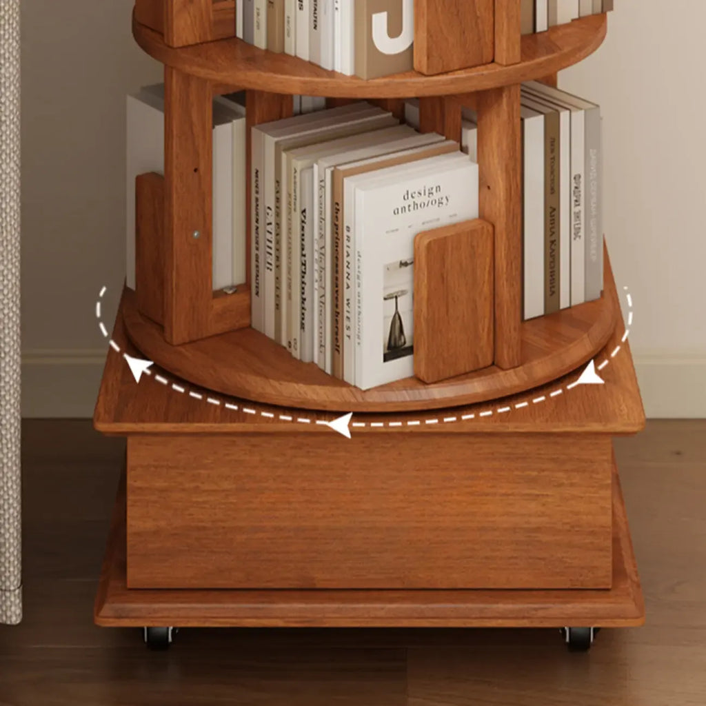 Bibliothèque cylindrique en bois, mobile et pivotante à 360°, avec tiroir