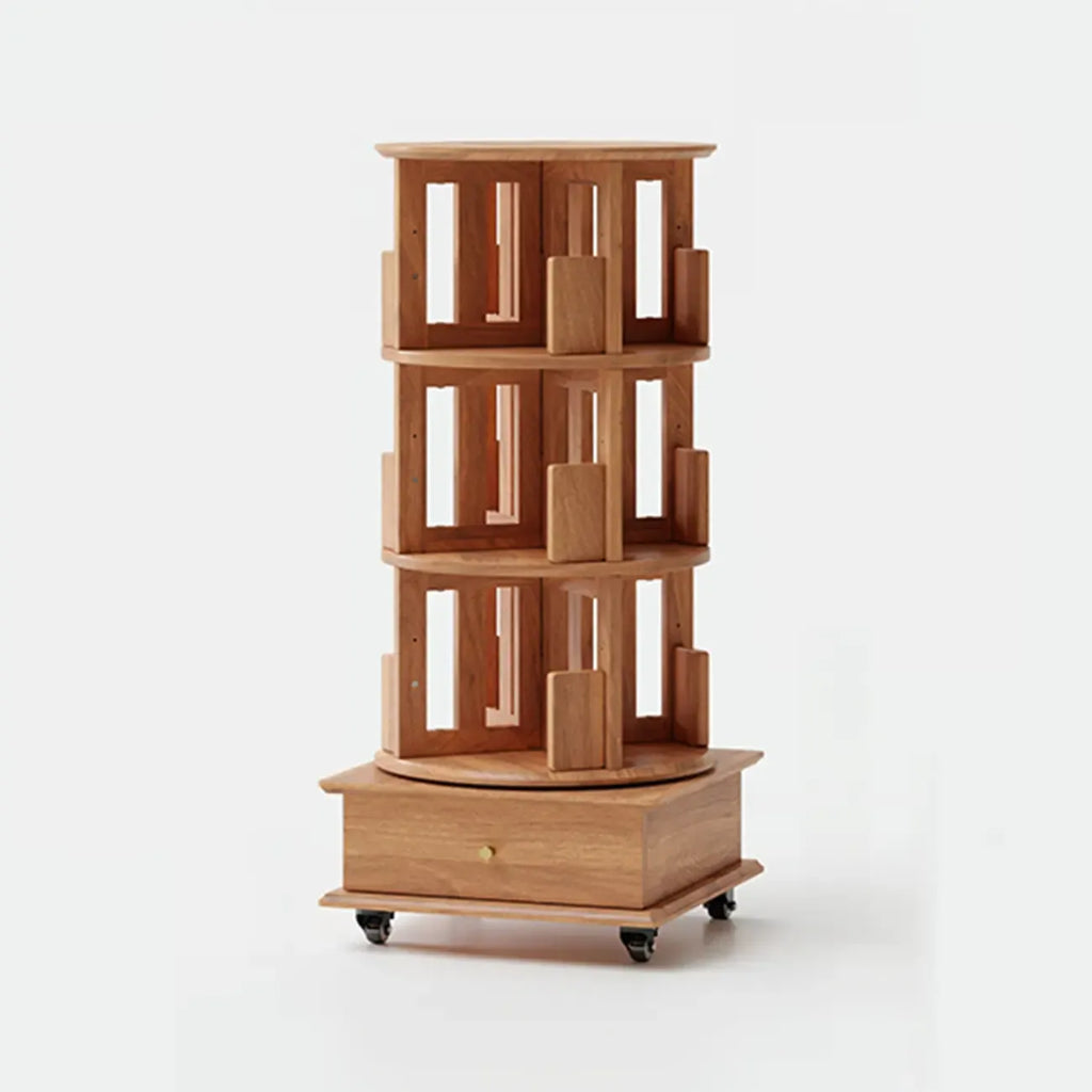Bibliothèque cylindrique en bois, mobile et pivotante à 360°, avec tiroir