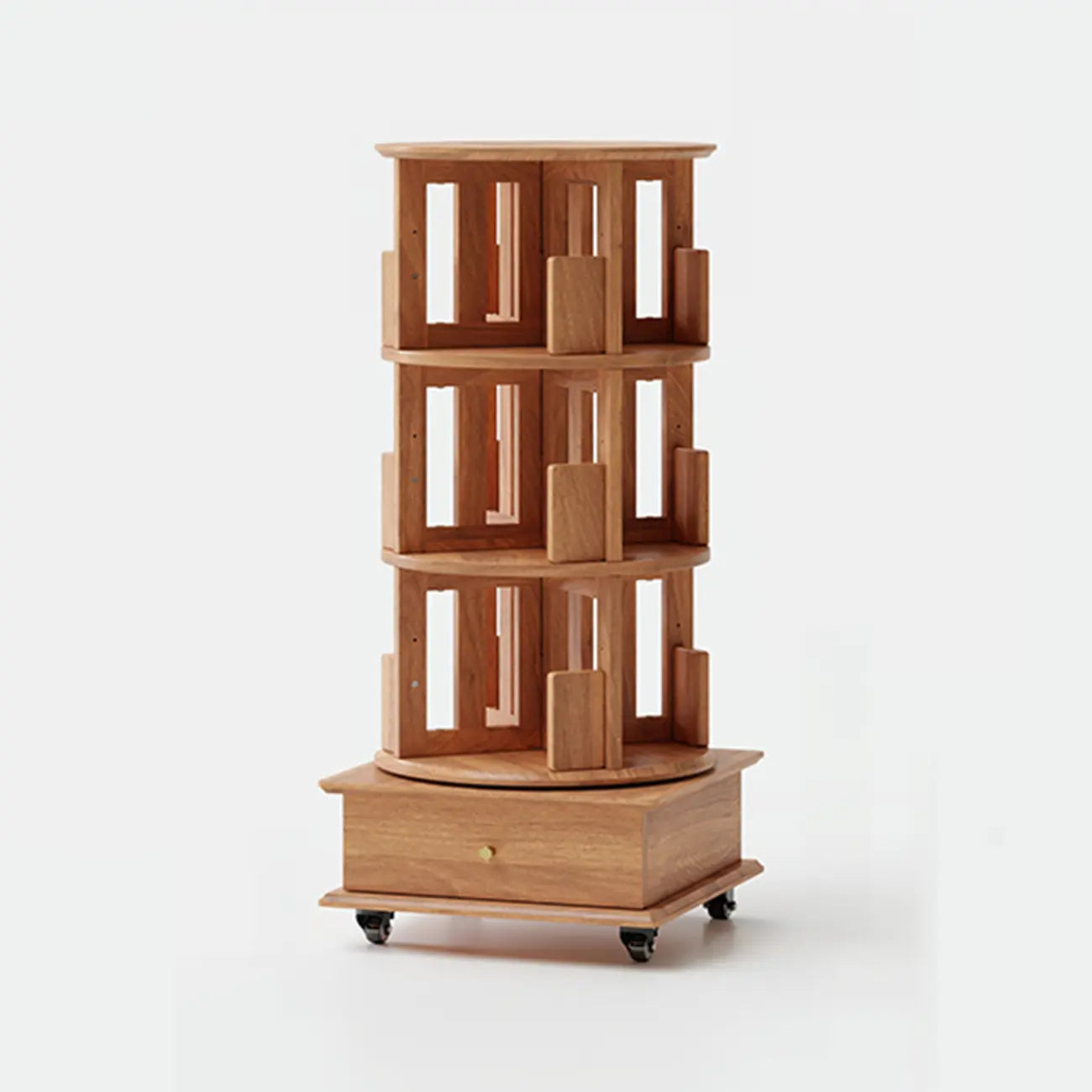 Bibliothèque cylindrique en bois, mobile et pivotante à 360°, avec tiroir