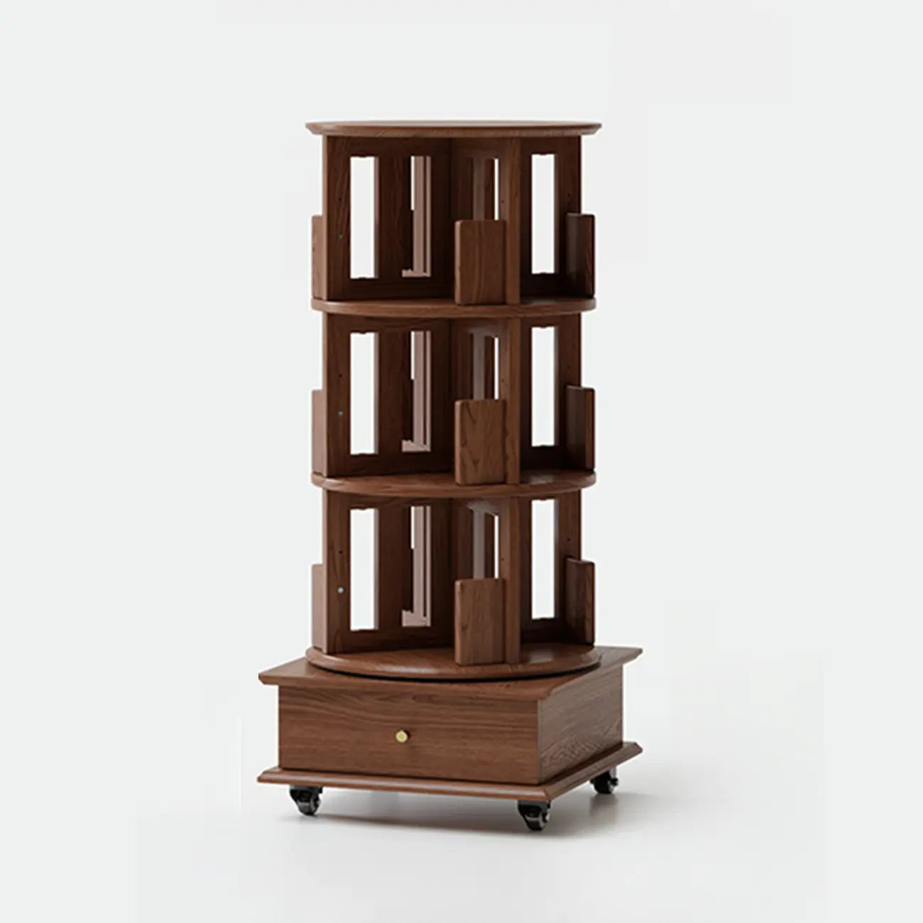 Bibliothèque cylindrique en bois, mobile et pivotante à 360°, avec tiroir