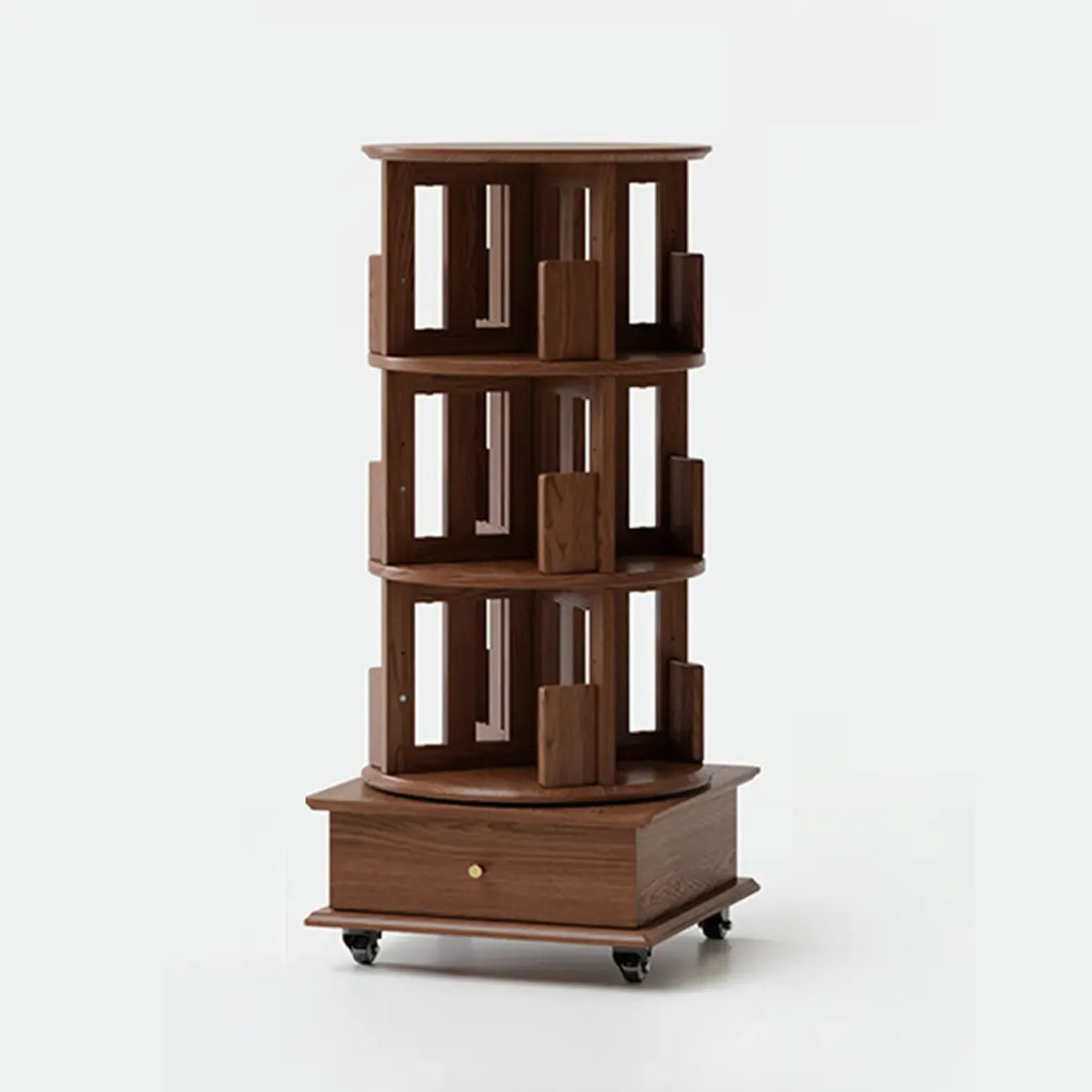 Bibliothèque cylindrique en bois, mobile et pivotante à 360°, avec tiroir