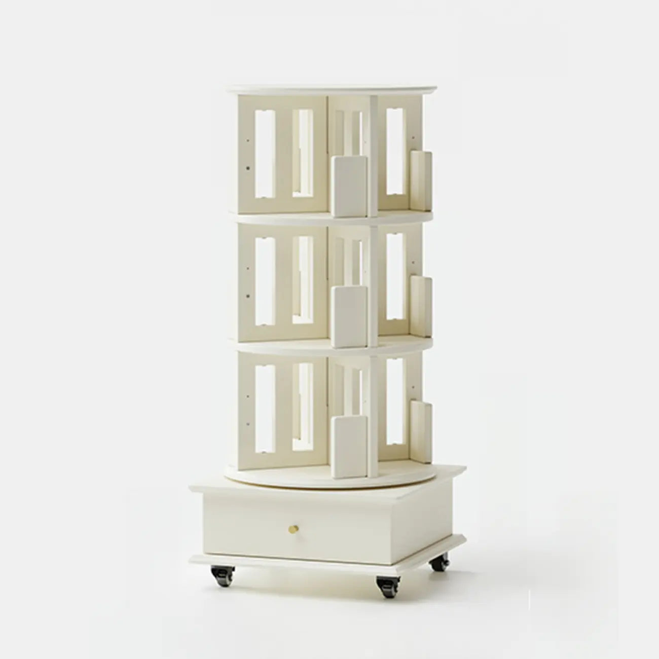 Bibliothèque cylindrique en bois, mobile et pivotante à 360°, avec tiroir