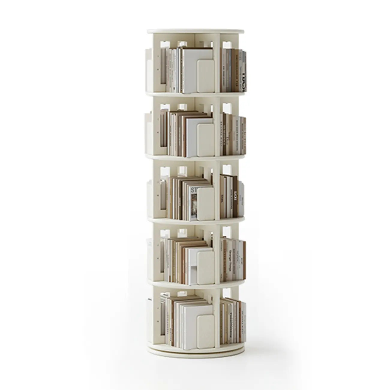 Bibliothèque cylindrique en bois, mobile et pivotante à 360°, avec tiroir