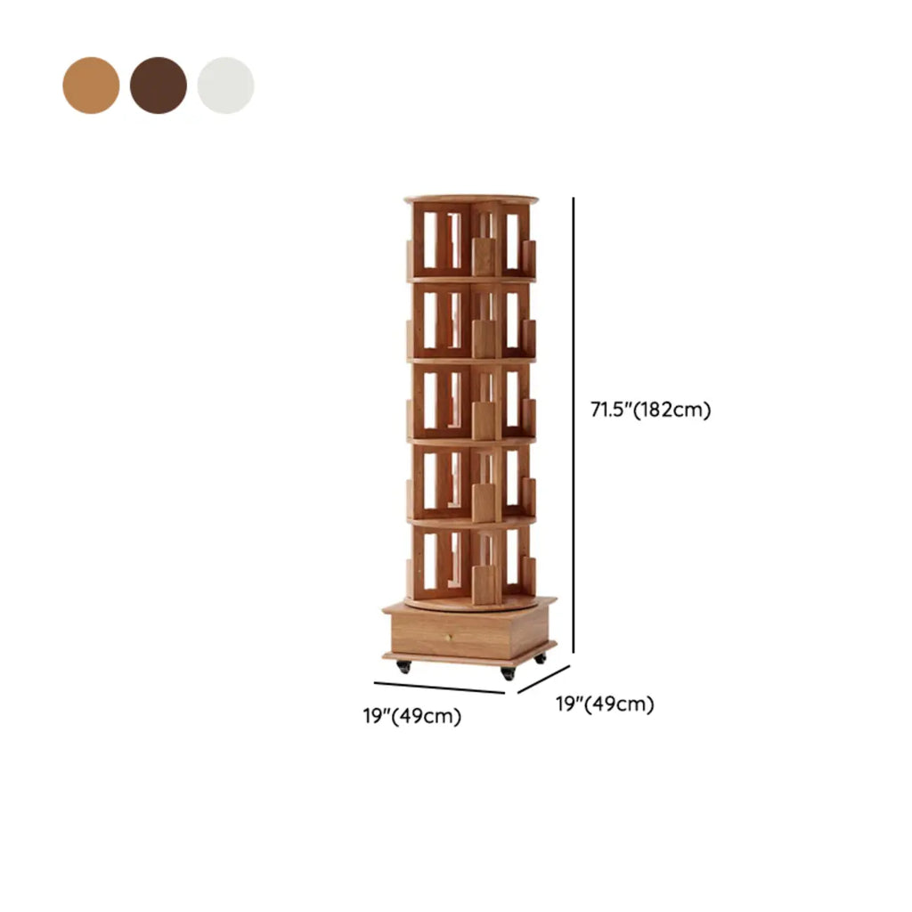Bibliothèque cylindrique en bois, mobile et pivotante à 360°, avec tiroir