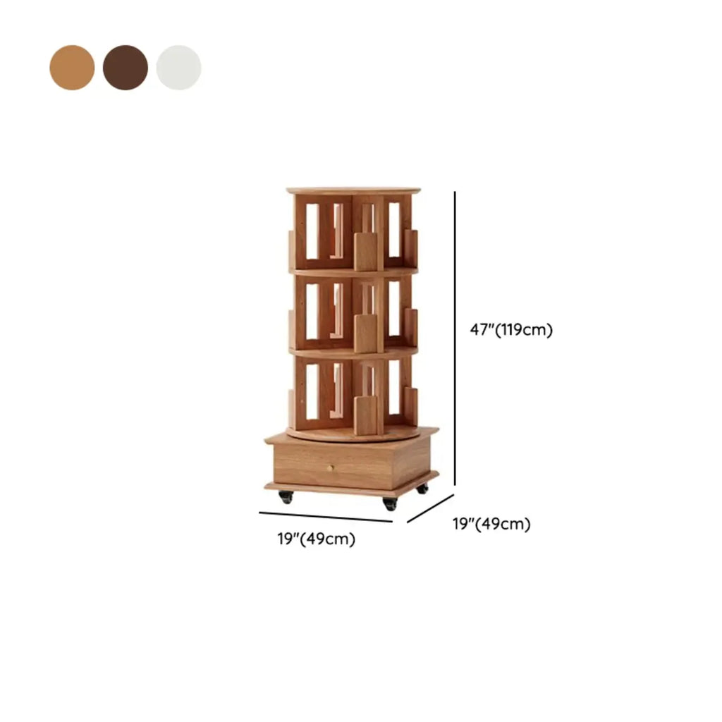 Bibliothèque cylindrique en bois, mobile et pivotante à 360°, avec tiroir