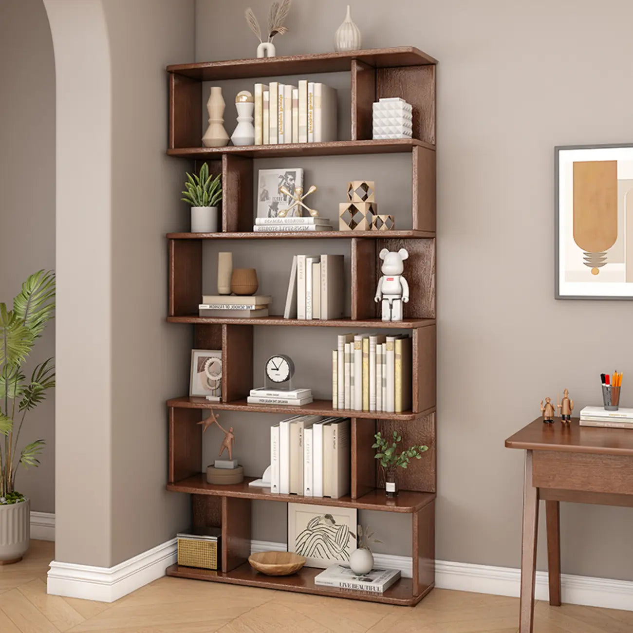 Bibliothèque en bois à six niveaux, à dos ouvert, style milieu du siècle