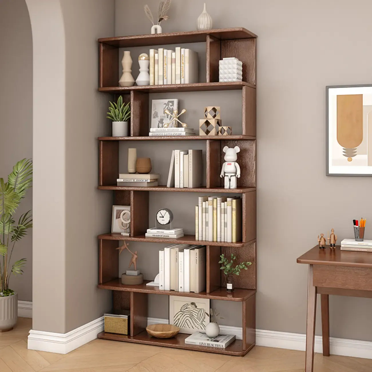 Bibliothèque en bois à six niveaux, à dos ouvert, style milieu du siècle