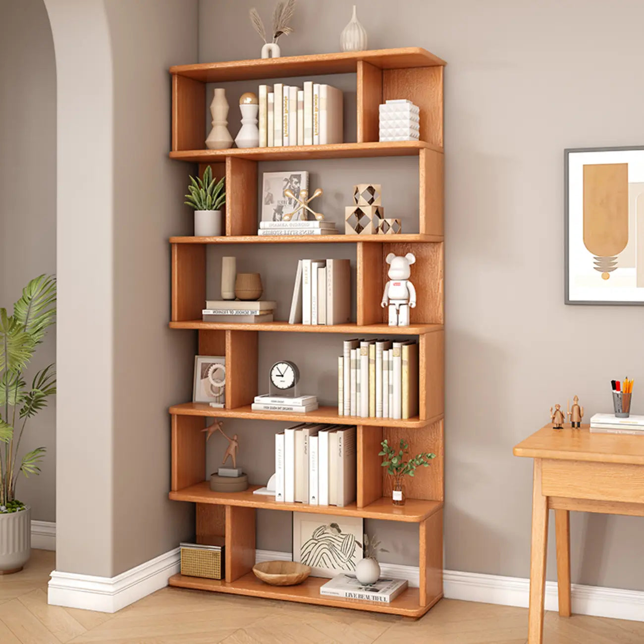 Bibliothèque en bois à six niveaux, à dos ouvert, style milieu du siècle
