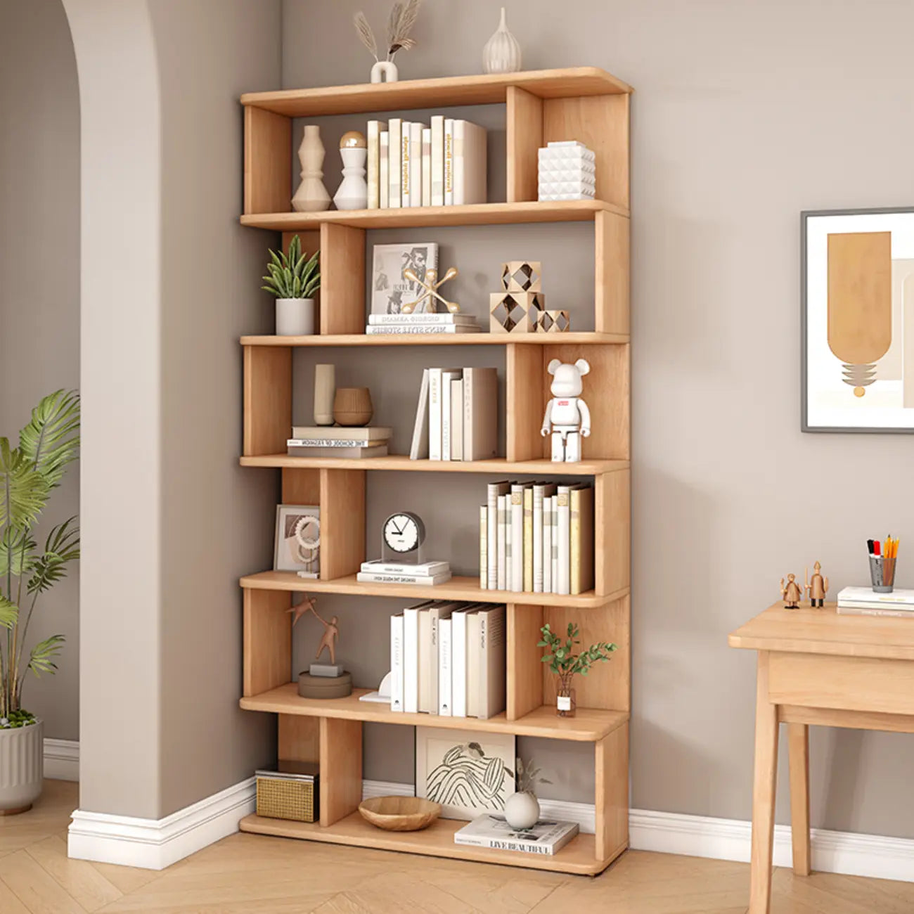 Bibliothèque en bois à six niveaux, à dos ouvert, style milieu du siècle