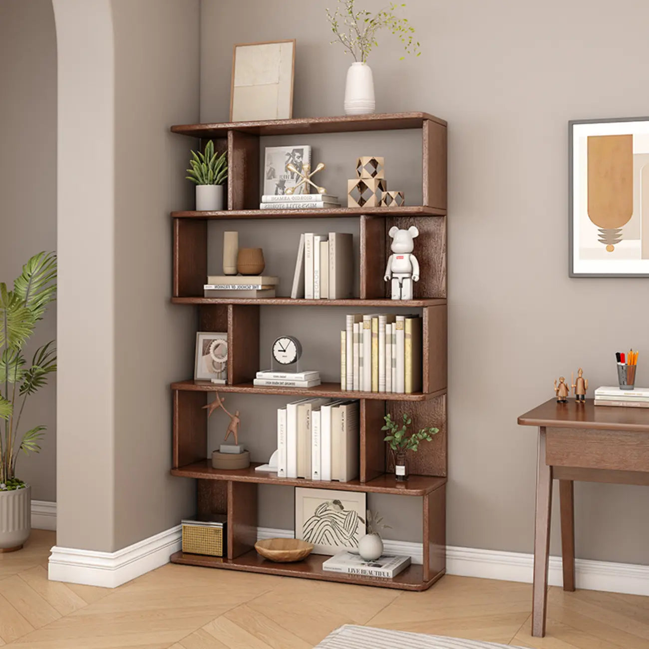 Bibliothèque en bois à six niveaux, à dos ouvert, style milieu du siècle