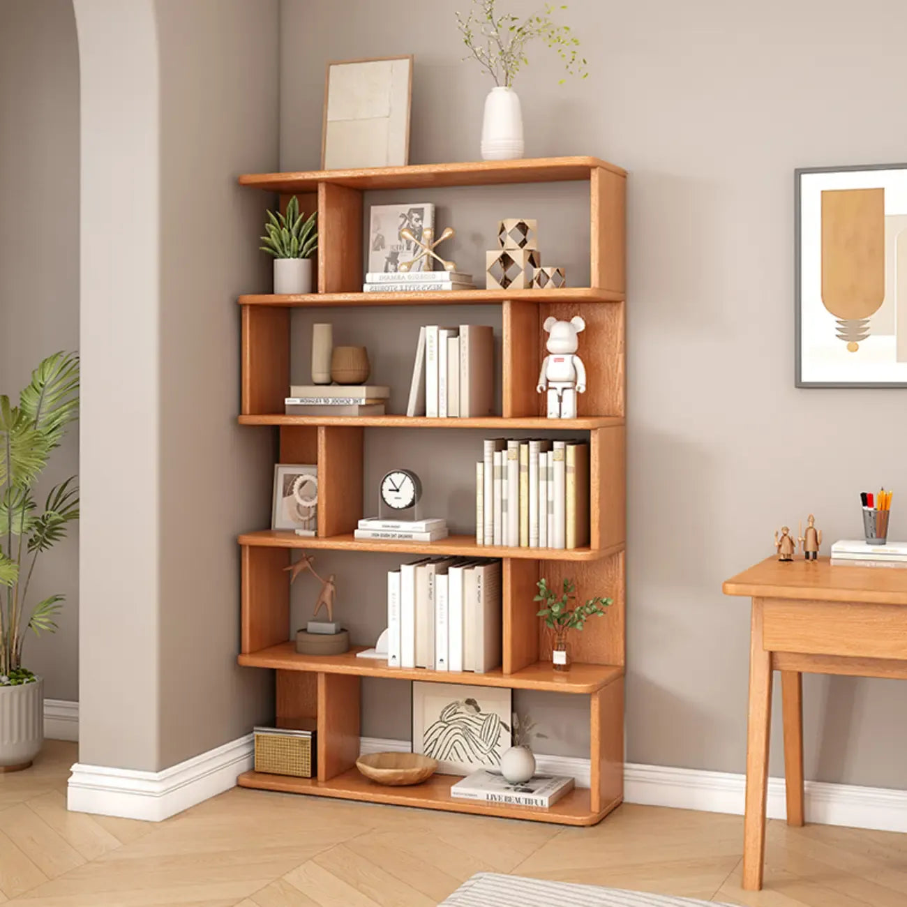 Bibliothèque en bois à six niveaux, à dos ouvert, style milieu du siècle