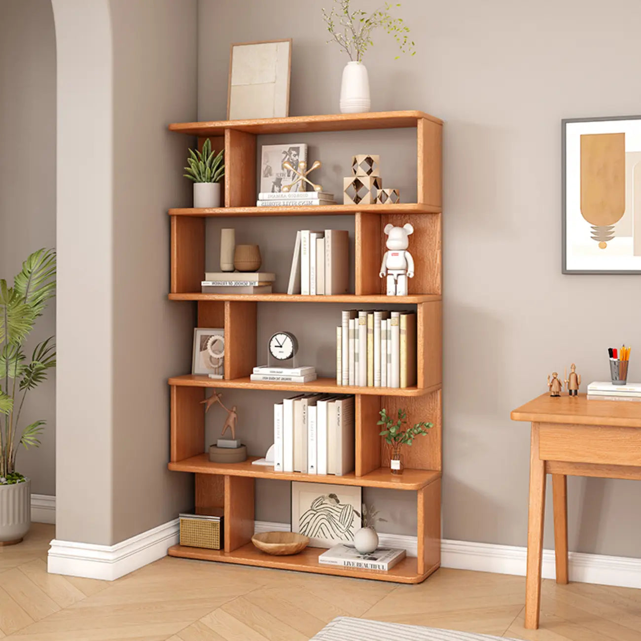 Bibliothèque en bois à six niveaux, à dos ouvert, style milieu du siècle