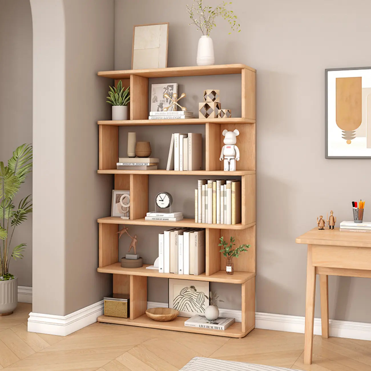 Bibliothèque en bois à six niveaux, à dos ouvert, style milieu du siècle