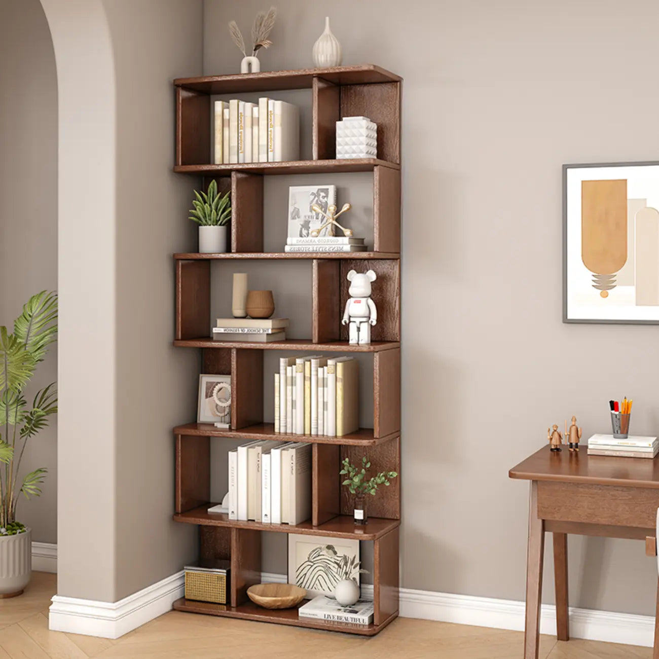 Bibliothèque en bois à six niveaux, à dos ouvert, style milieu du siècle