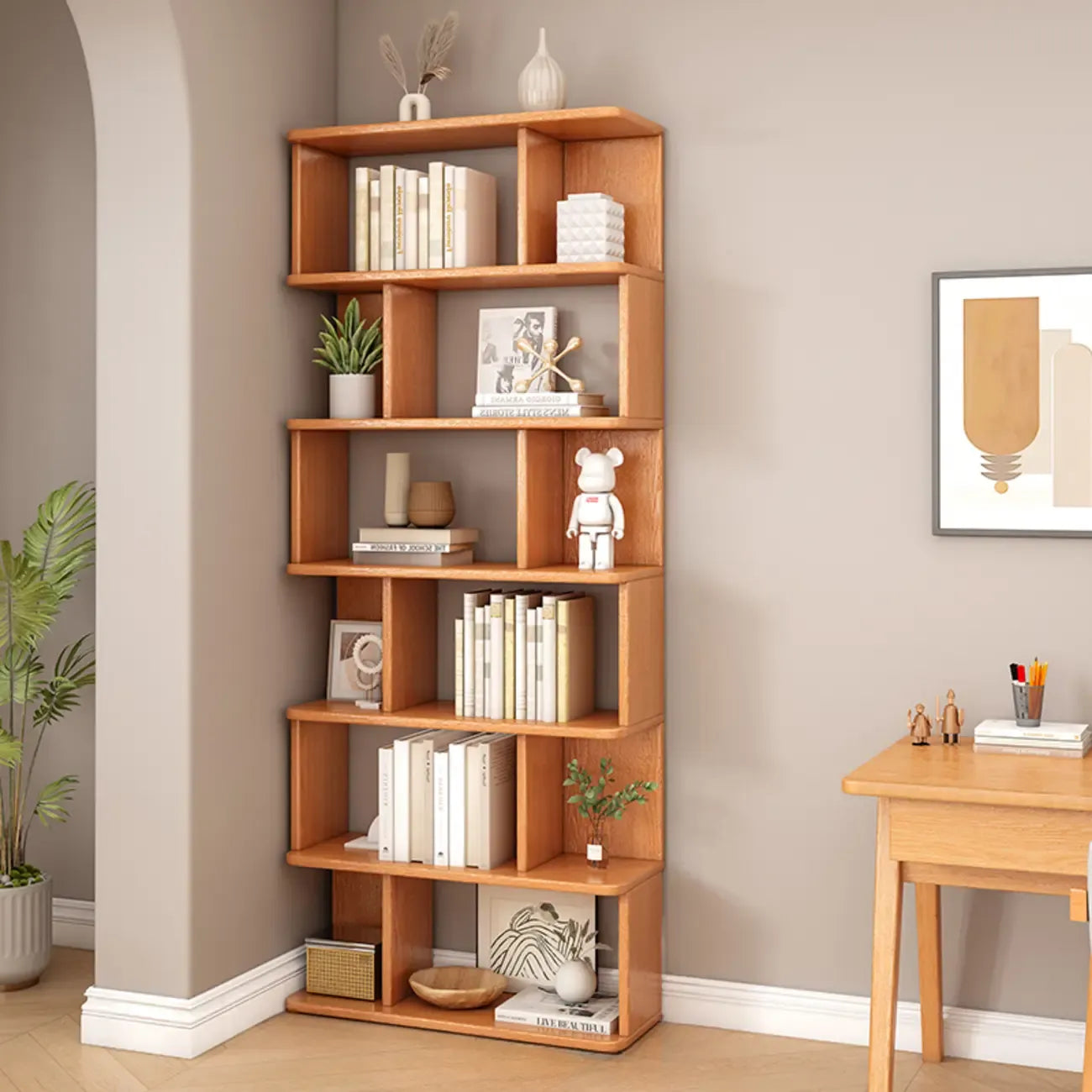 Bibliothèque en bois à six niveaux, à dos ouvert, style milieu du siècle