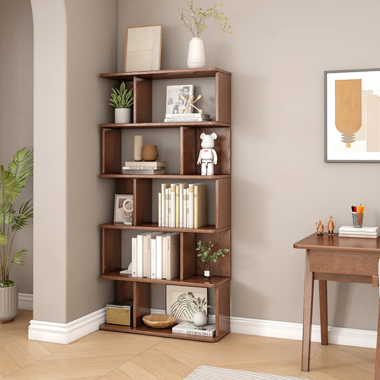 Bibliothèque en bois à six niveaux, à dos ouvert, style milieu du siècle