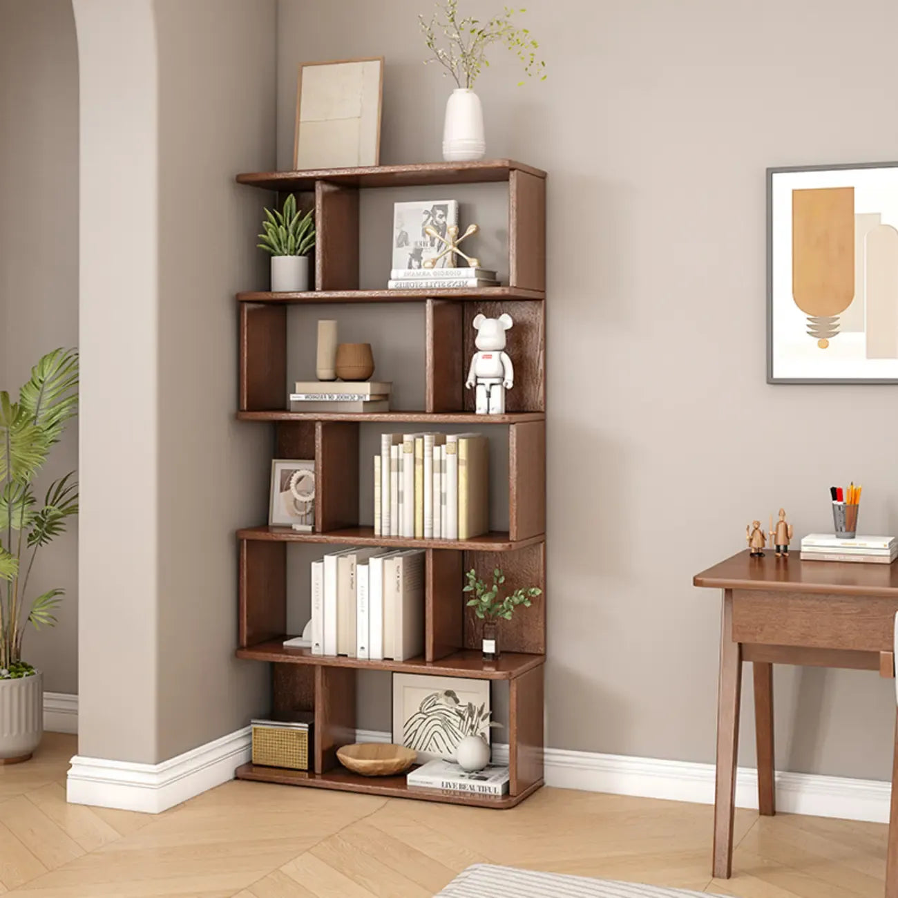 Bibliothèque en bois à six niveaux, à dos ouvert, style milieu du siècle
