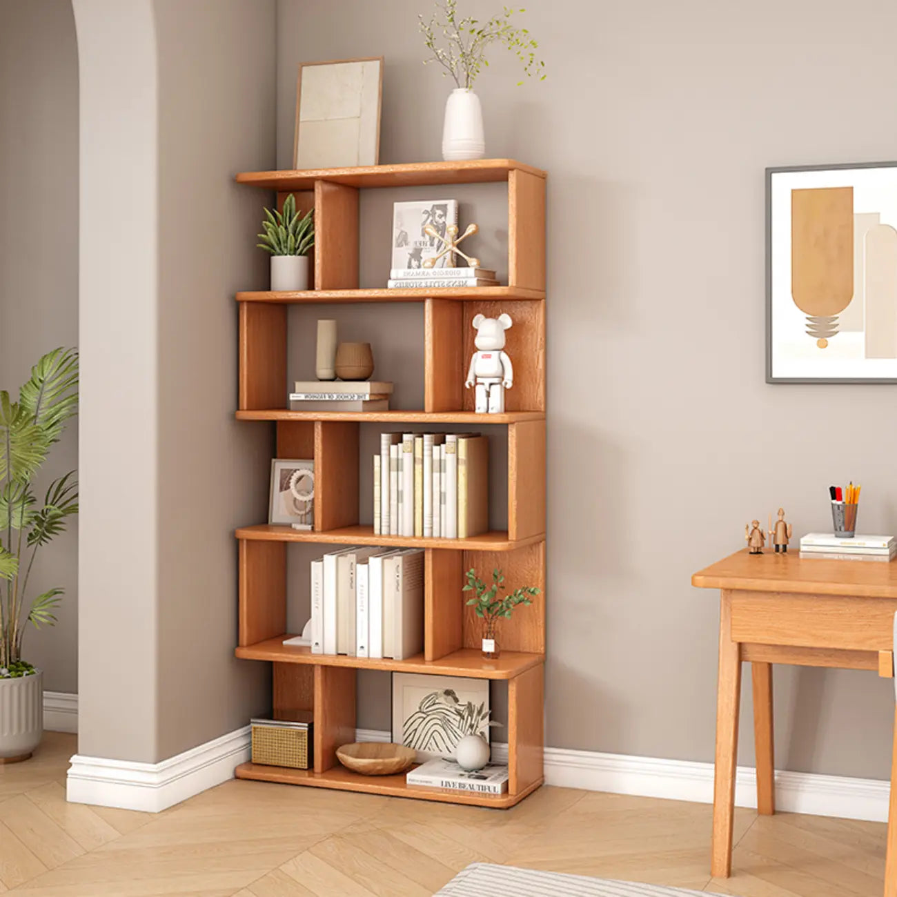 Bibliothèque en bois à six niveaux, à dos ouvert, style milieu du siècle