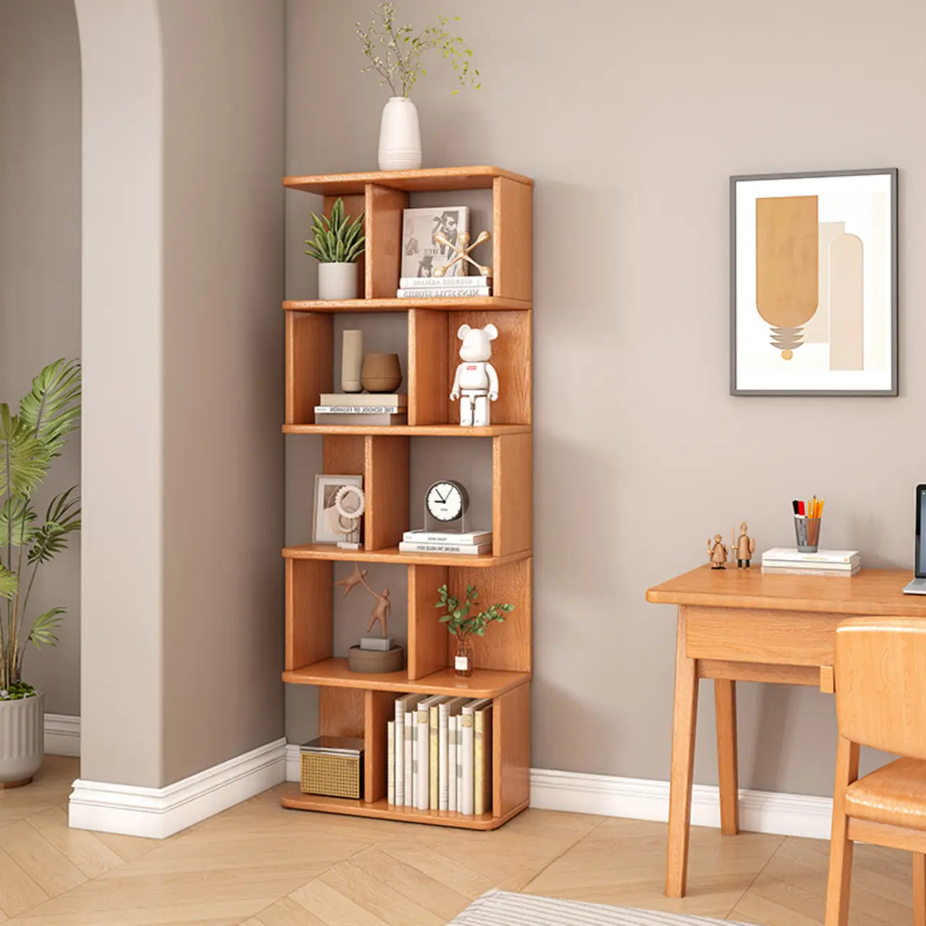 Bibliothèque en bois à six niveaux, à dos ouvert, style milieu du siècle