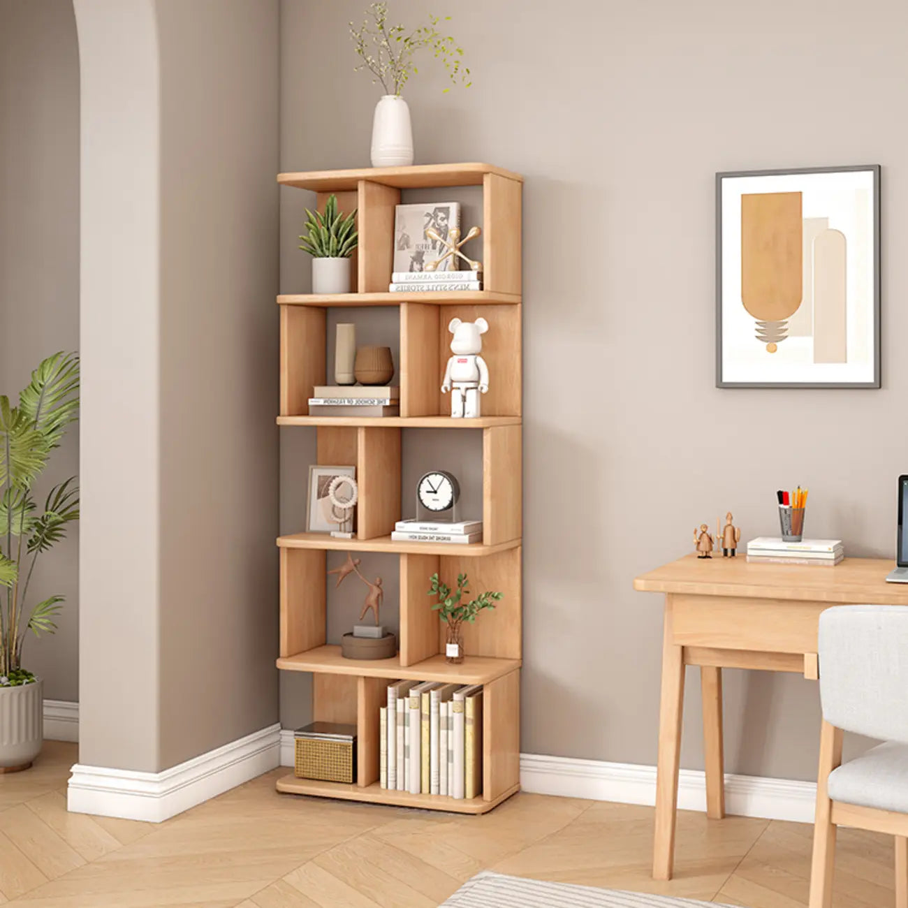 Bibliothèque en bois à six niveaux, à dos ouvert, style milieu du siècle