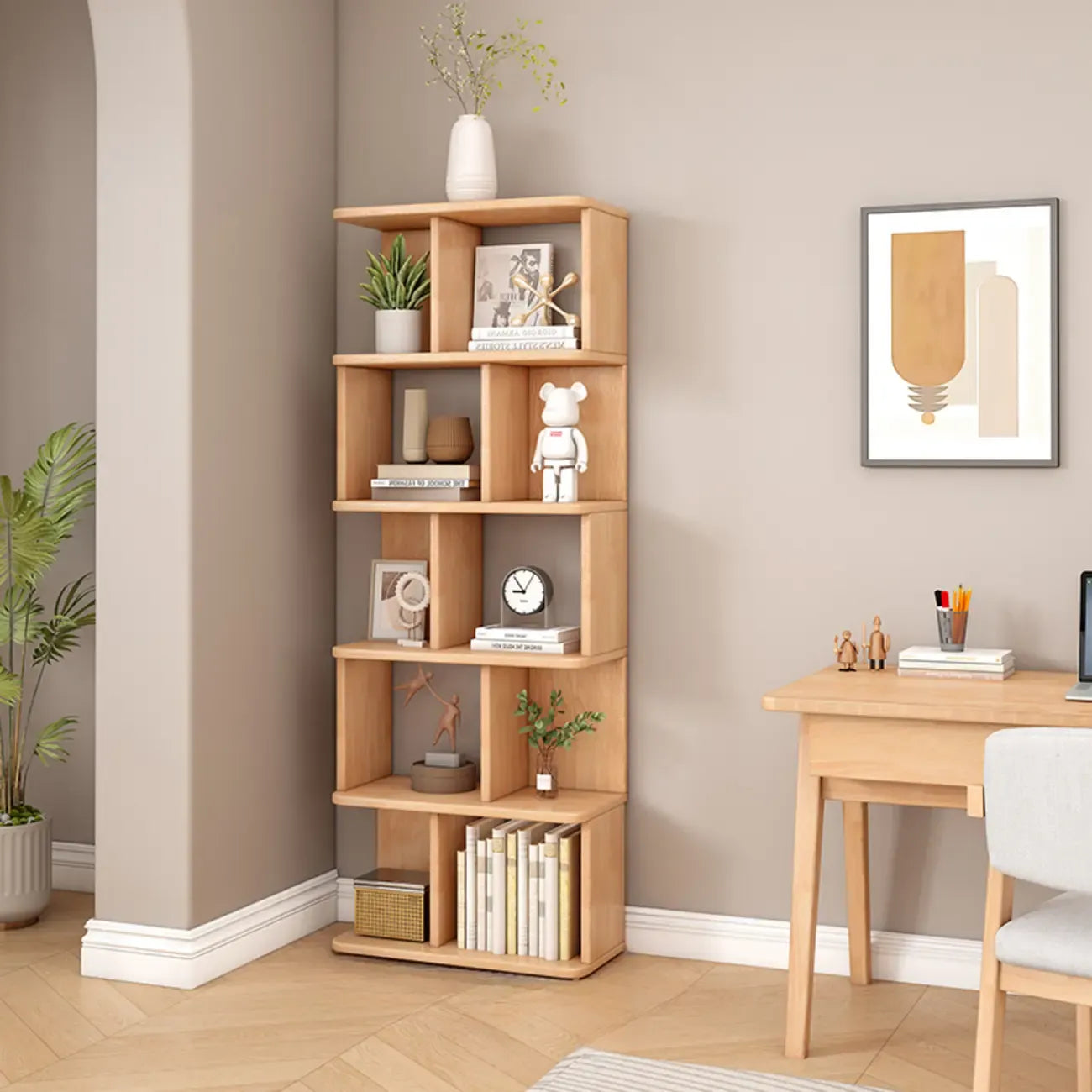 Bibliothèque en bois à six niveaux, à dos ouvert, style milieu du siècle