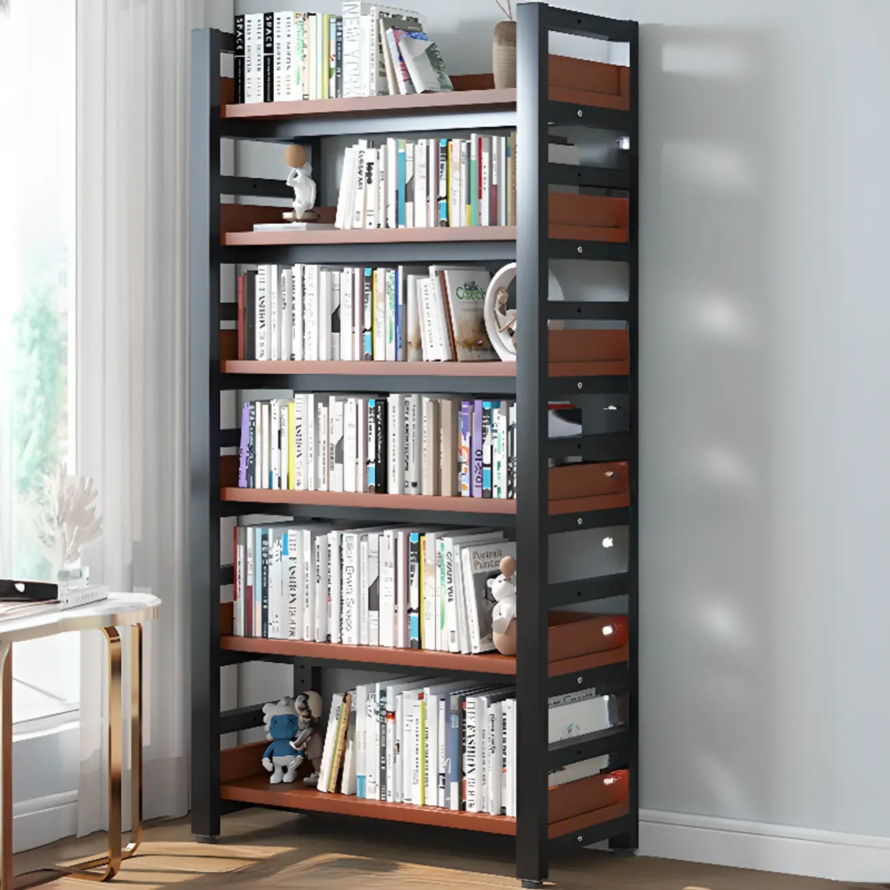 Bibliothèque autoportante simple à plusieurs niveaux en bois avec cadre en acier