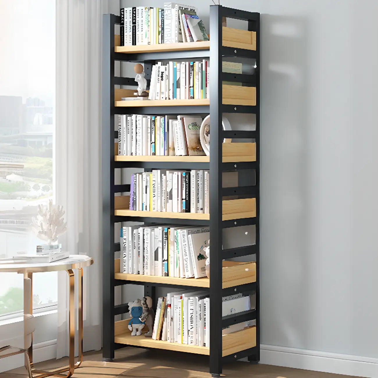 Bibliothèque autoportante simple à plusieurs niveaux en bois avec cadre en acier