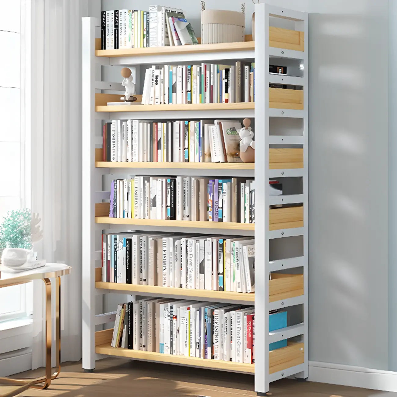 Bibliothèque autoportante simple à plusieurs niveaux en bois avec cadre en acier