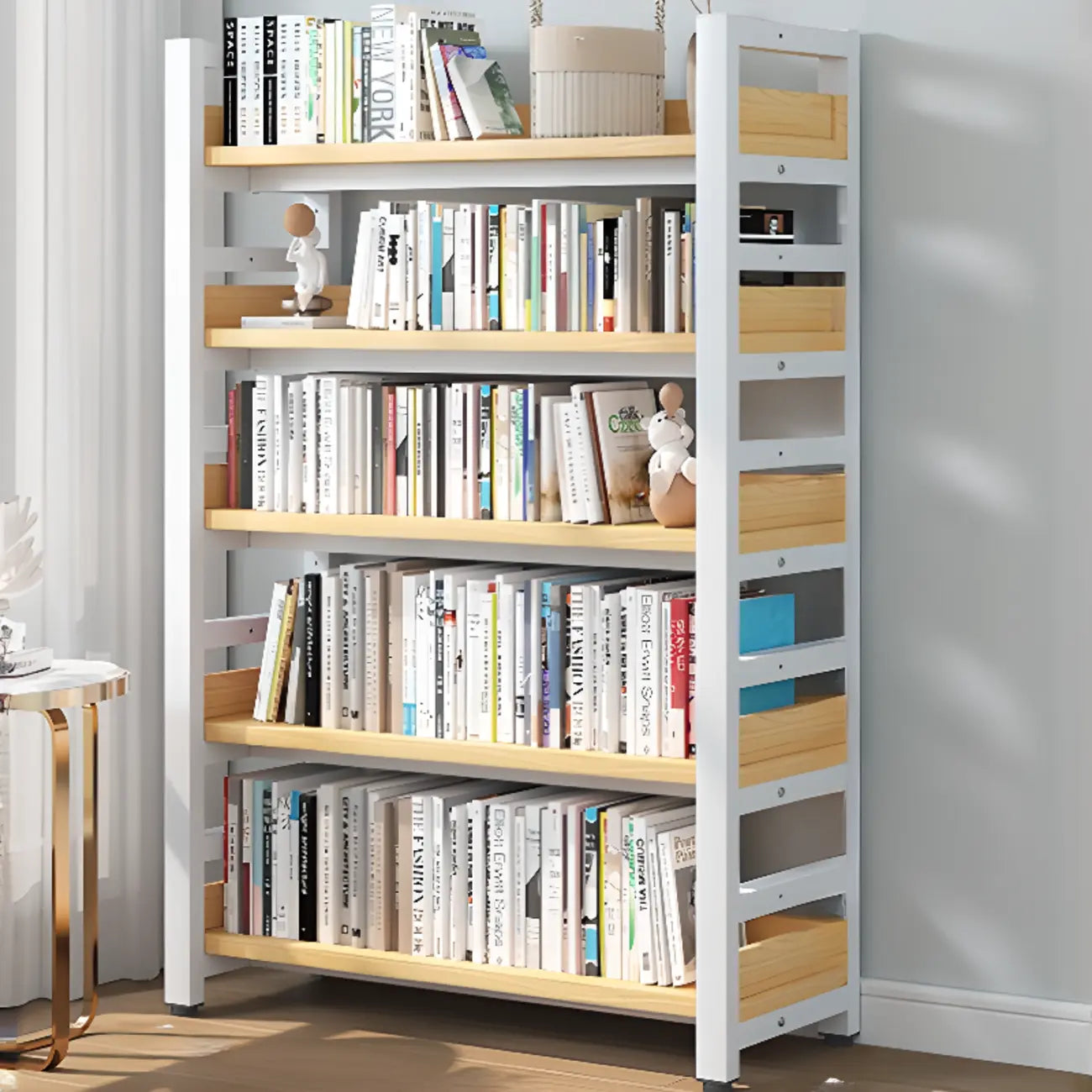 Bibliothèque autoportante simple à plusieurs niveaux en bois avec cadre en acier