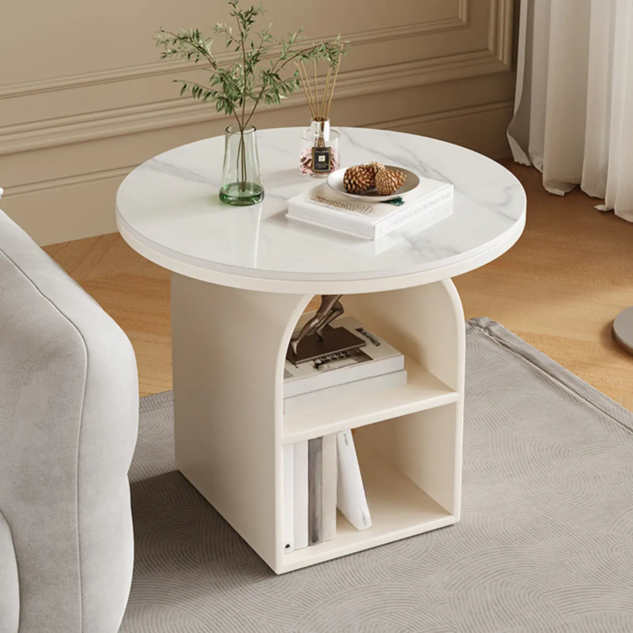 Table d'appoint moderne à trois niveaux en pierre frittée blanche à géométrie géométrique