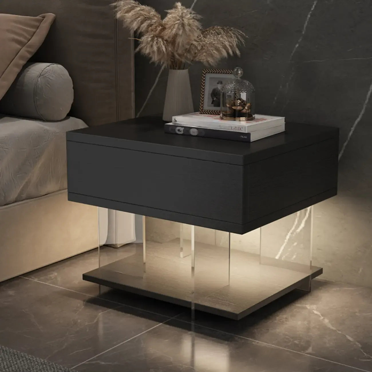 Table de chevet moderne avec plateau en bois acrylique, 1 tiroir et éclairage intégré