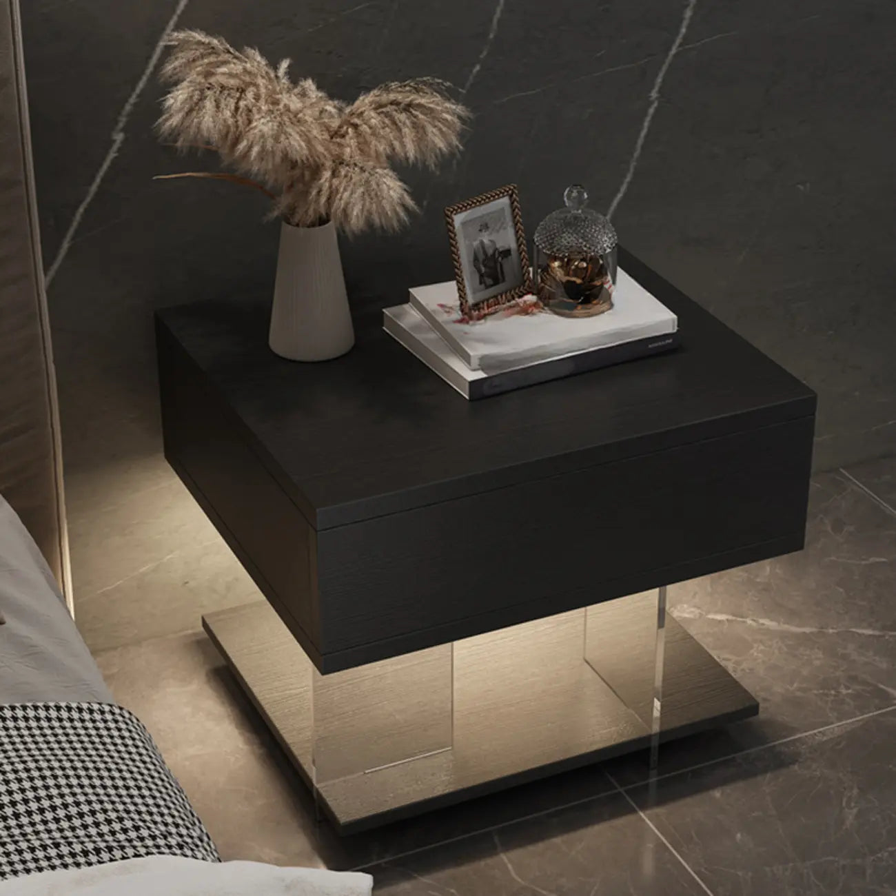 Table de chevet moderne avec plateau en bois acrylique, 1 tiroir et éclairage intégré