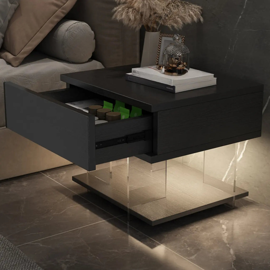 Table de chevet moderne avec plateau en bois acrylique, 1 tiroir et éclairage intégré