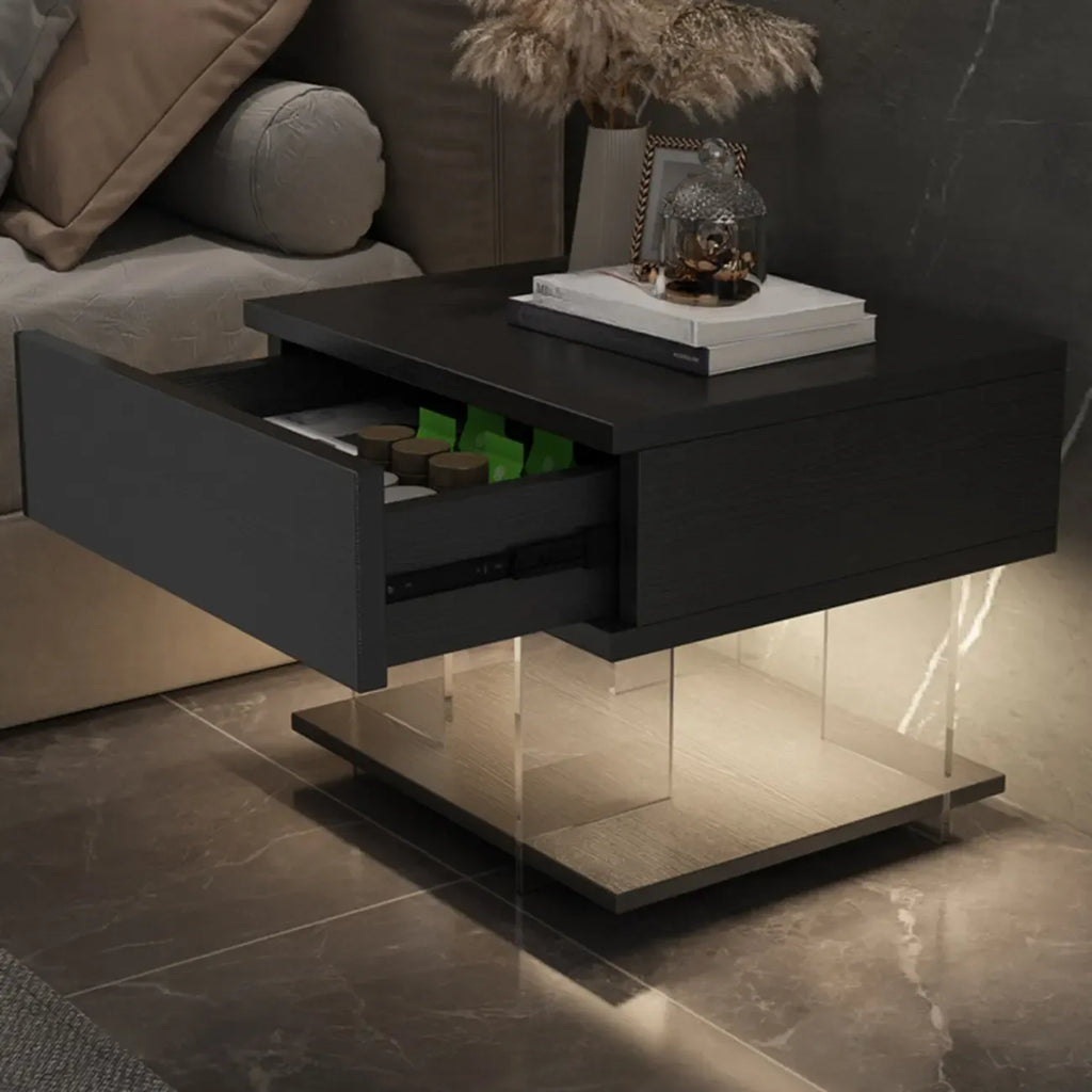 Table de chevet moderne avec plateau en bois acrylique, 1 tiroir et éclairage intégré