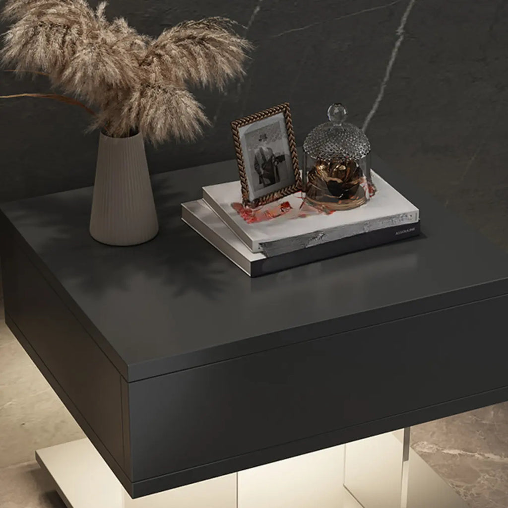Table de chevet moderne avec plateau en bois acrylique, 1 tiroir et éclairage intégré