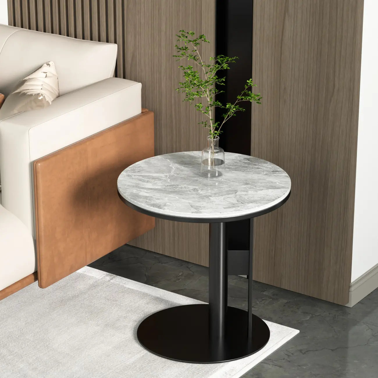petite table d'appoint élégante en acier avec plateau en marbre et forme en C