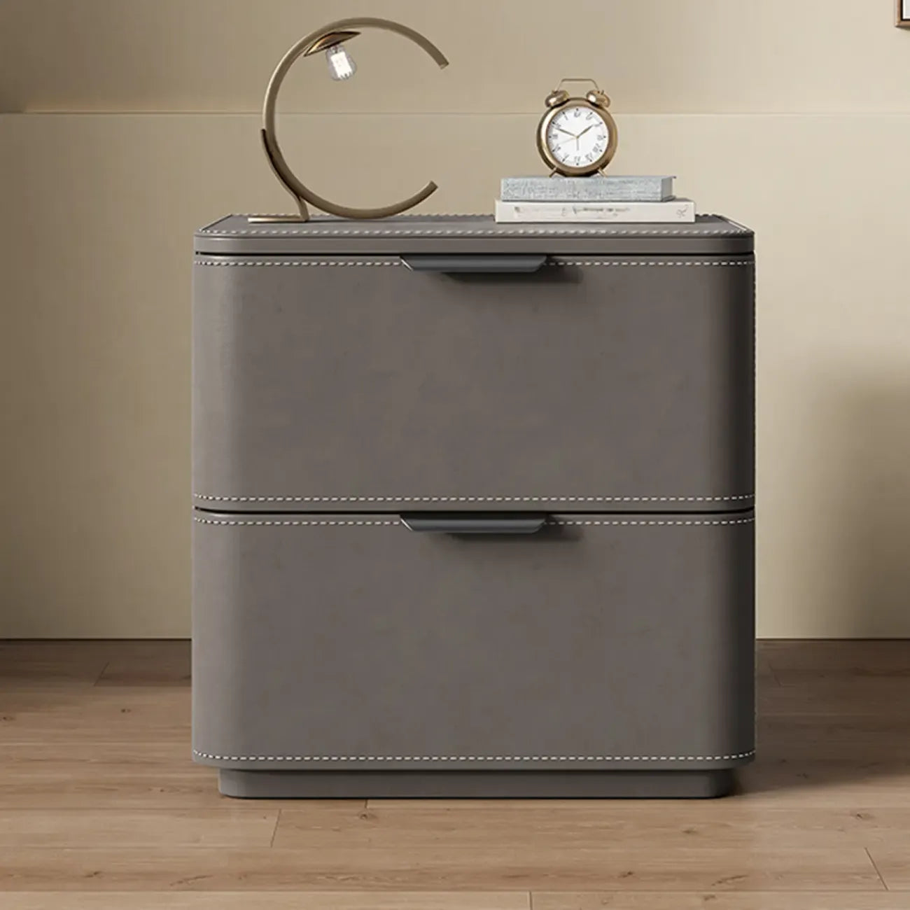 Table de chevet minimaliste étroite en bois et cuir à 2 tiroirs