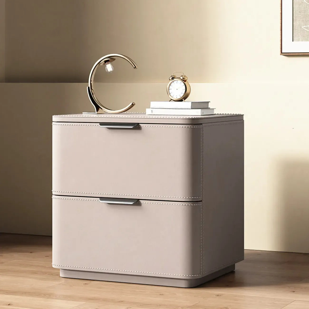 Table de chevet minimaliste étroite en bois et cuir à 2 tiroirs