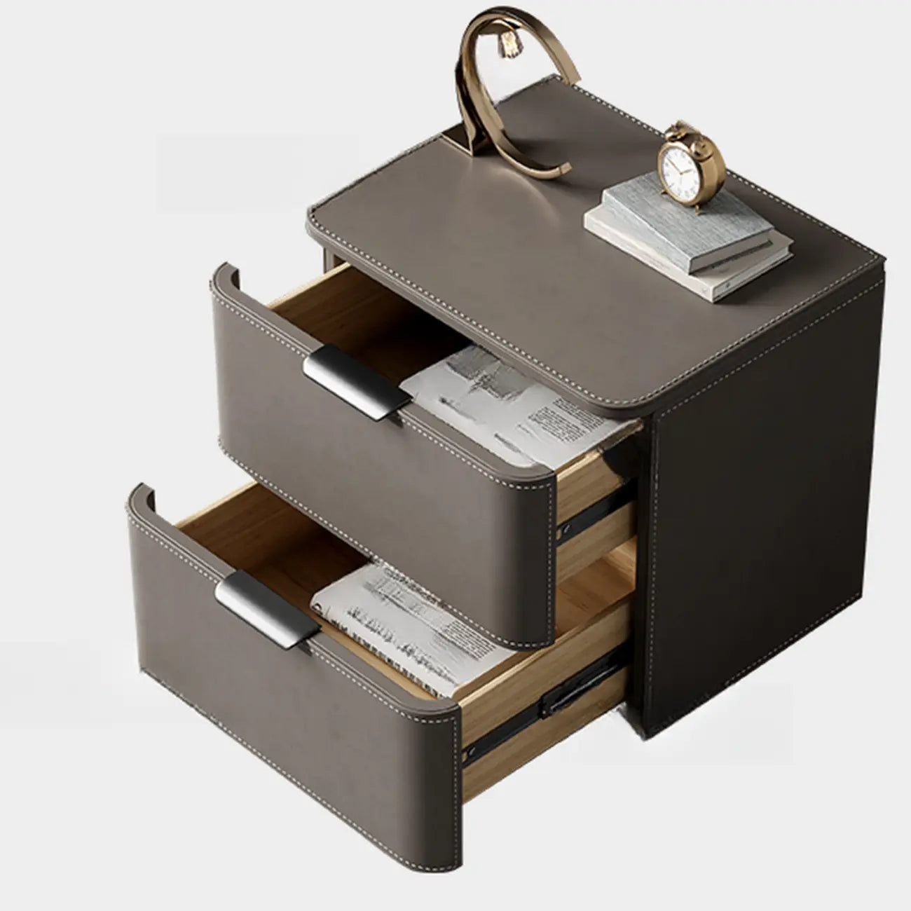 Table de chevet minimaliste étroite en bois et cuir à 2 tiroirs