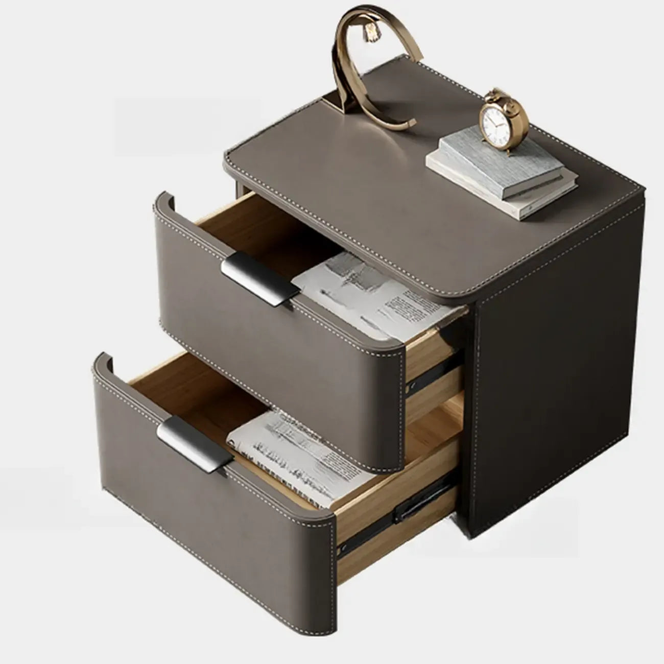 Table de chevet minimaliste étroite en bois et cuir à 2 tiroirs