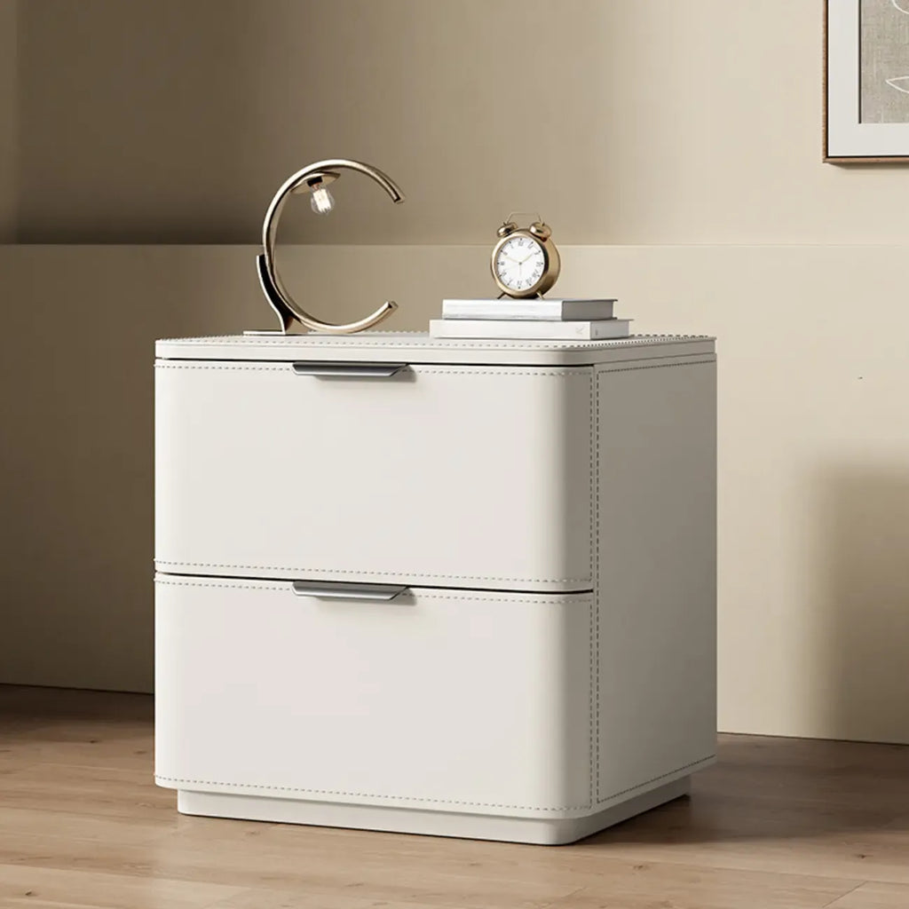 Table de chevet minimaliste étroite en bois et cuir à 2 tiroirs