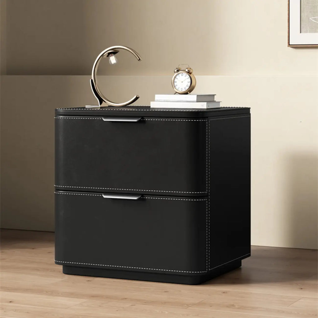 Table de chevet minimaliste étroite en bois et cuir à 2 tiroirs