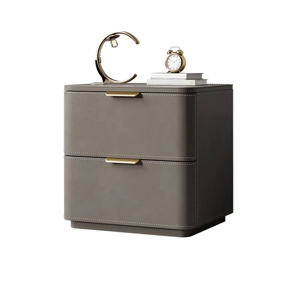 Table de chevet minimaliste étroite en bois et cuir à 2 tiroirs