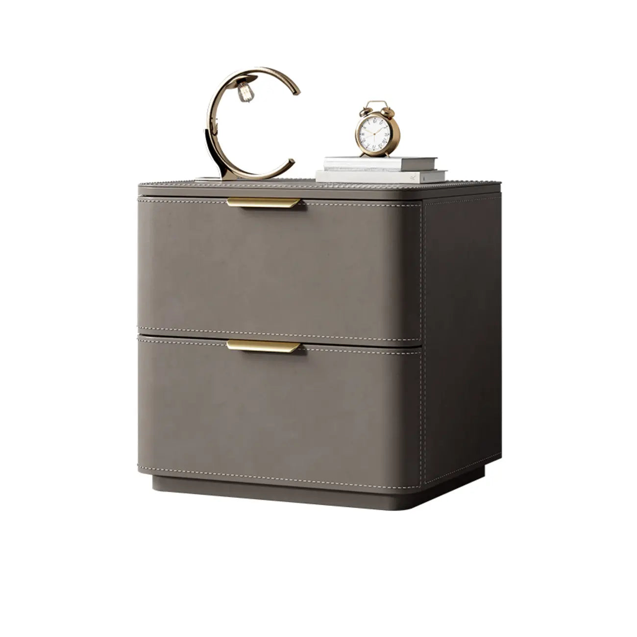 Table de chevet minimaliste étroite en bois et cuir à 2 tiroirs