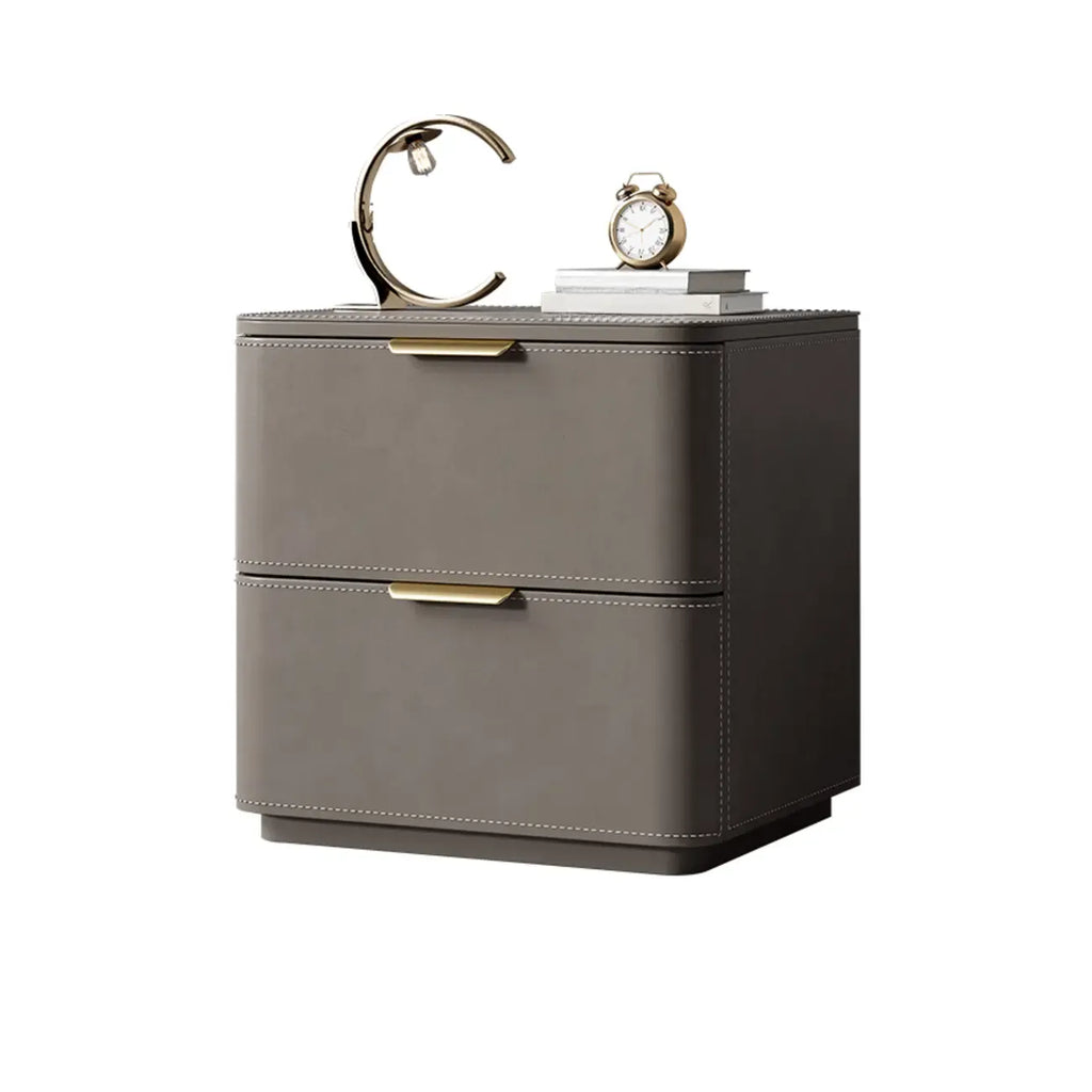 Table de chevet minimaliste étroite en bois et cuir à 2 tiroirs