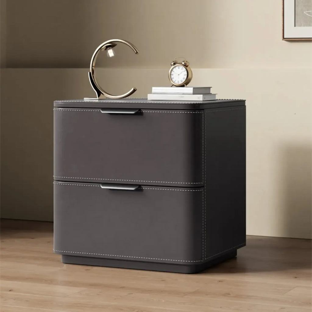 Table de chevet minimaliste étroite en bois et cuir à 2 tiroirs