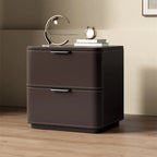 Table de chevet minimaliste étroite en bois et cuir à 2 tiroirs