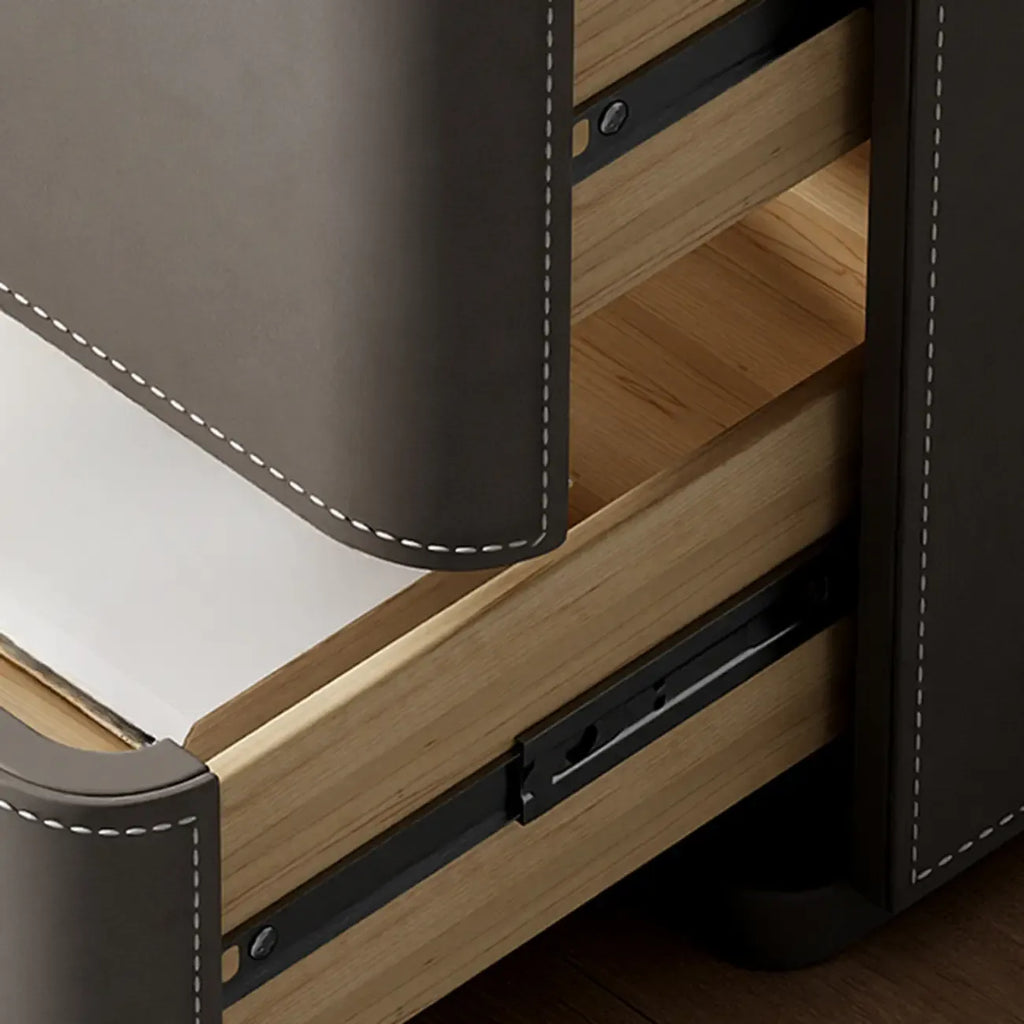 Table de chevet minimaliste étroite en bois et cuir à 2 tiroirs