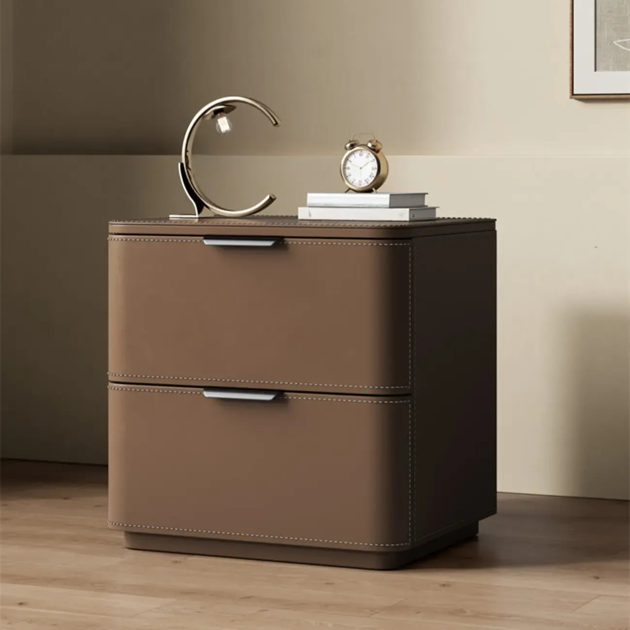 Table de chevet minimaliste étroite en bois et cuir à 2 tiroirs