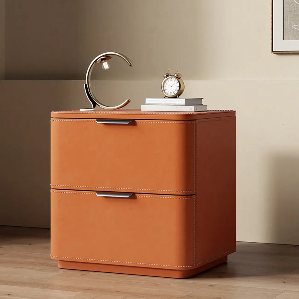 Table de chevet minimaliste étroite en bois et cuir à 2 tiroirs